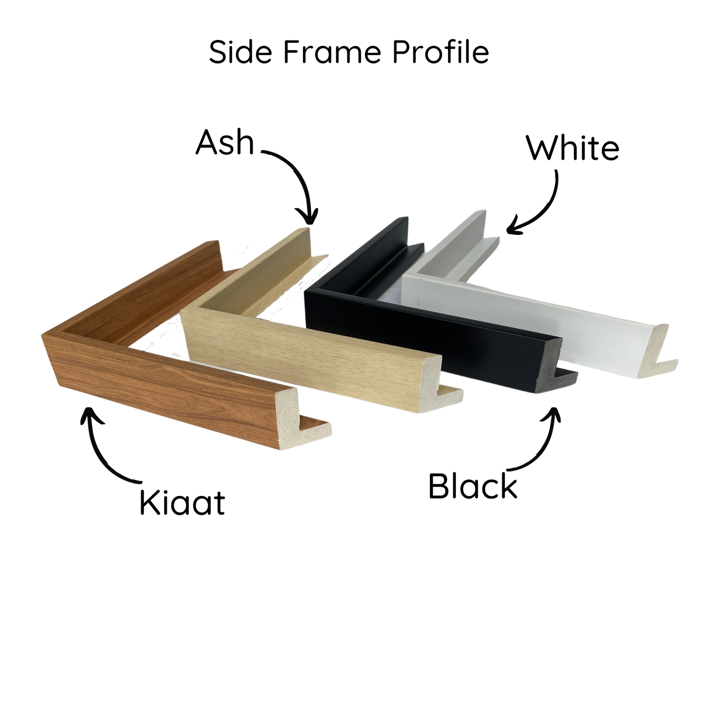 Framing options for artwork in black, white, ash, and kiaat finishes