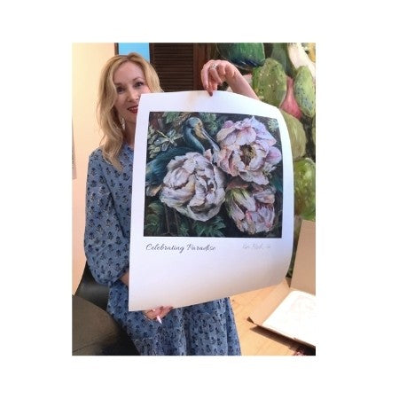 Kim Black holding Celebrating Paradise Print - Ruthanne Collection