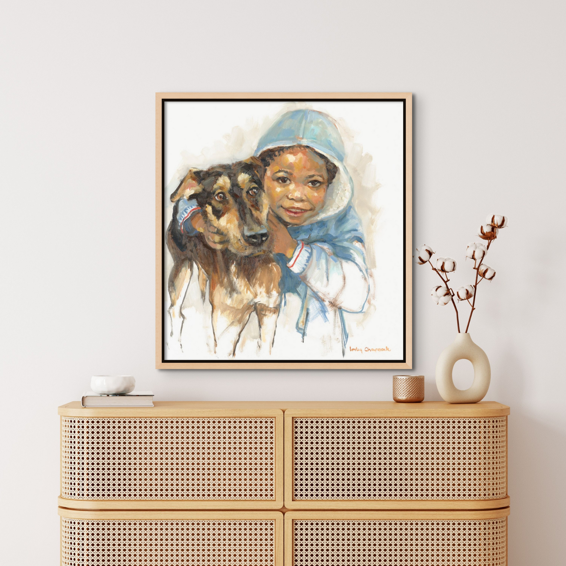 Boy Hugs Dog Canvas Print on Wall