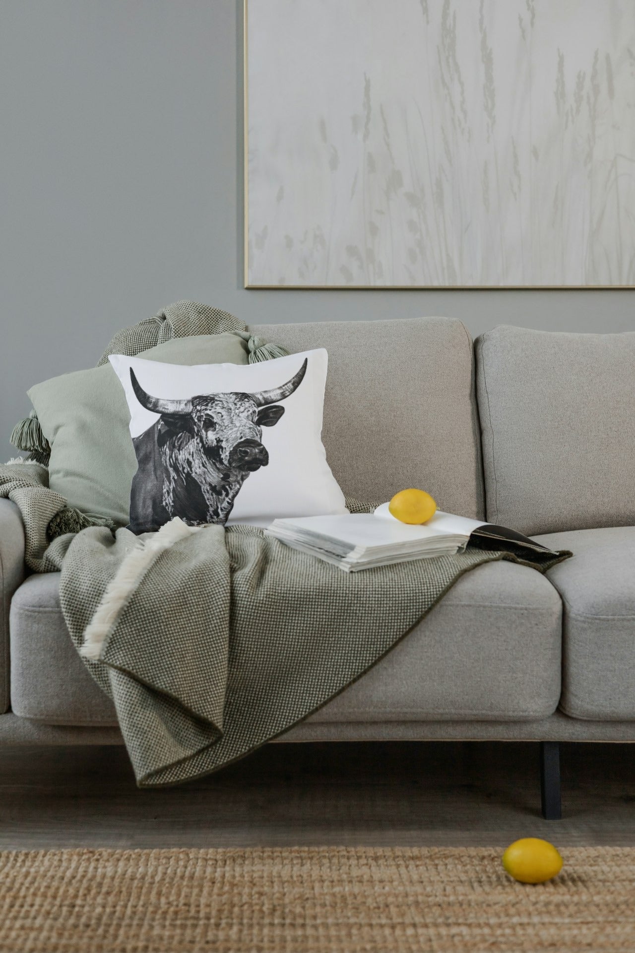 Nguni Bull Print Cotton Scatter Cushion on Couch - Jennifer Mallon - Ruthanne Collection